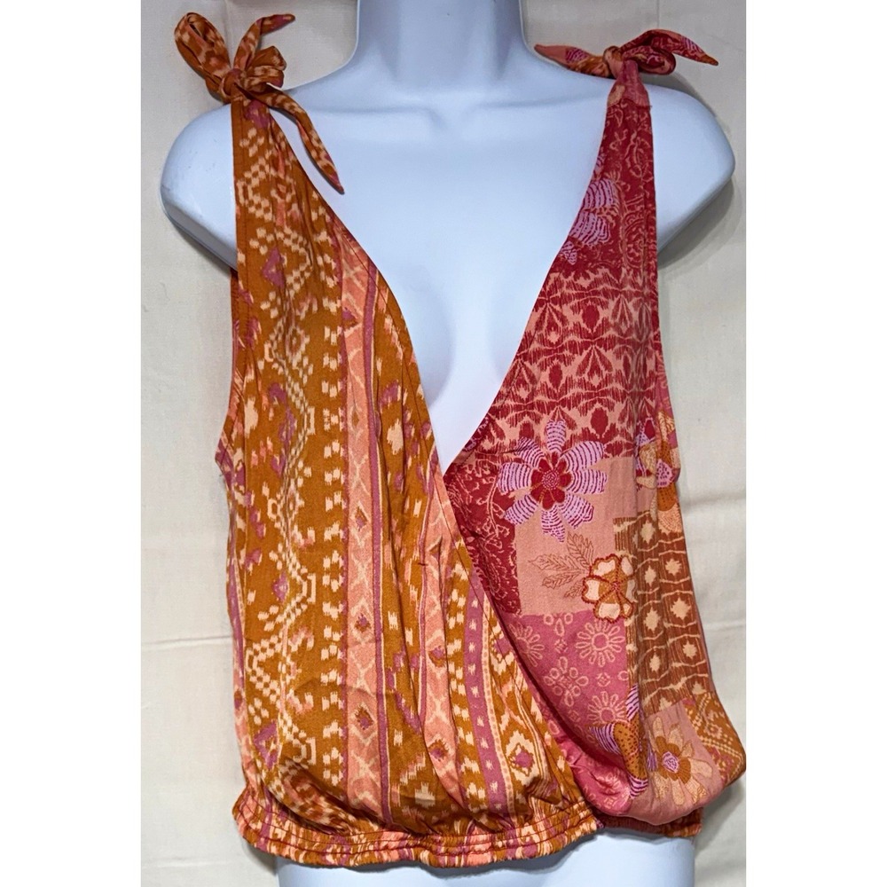 NWT Free People Tied To You Tank Top Medium Floral Patchwork Boho Tie Shoulder